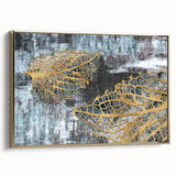 Abstract wall art showcasing vibrant strokes and lines in gold and black hues, elegantly framed, highlighting modern design suitable for contemporary decor.
