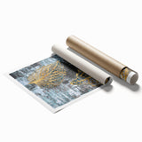 Abstract wall art print showcasing vibrant strokes and lines in shades of blue, orange, and yellow, ideal for modern home decor. The rolled print is designed to enhance contemporary interior spaces with a dynamic visual appeal.