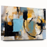 Abstract wall art print showcasing colorful strokes and lines in a modern design, displayed in a sleek acrylic glass frame with pins, adding a contemporary touch to home decor.