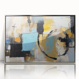 Framed abstract wall art featuring colorful strokes and lines in silver and blue tones, perfect for modern home decor accents.