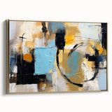 Framed canvas wall art showcasing an abstract design with gold strokes and lines, elegantly displayed from a side view, perfect for modern decor.