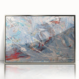 Framed wall art featuring an abstract design of colorful strokes and lines in silver and gray tones, perfect for modern decor.