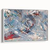 Framed abstract wall art featuring dynamic strokes and lines in shades of blue, green, and gold, set against a white backdrop, ideal for modern decor.