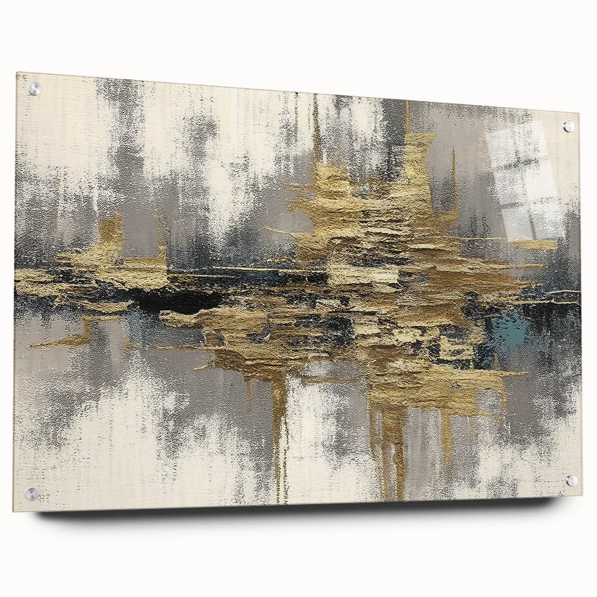 Abstract wall art design showcasing vibrant strokes and lines in rich colors, elegantly framed with acrylic glass and pin accents for a modern decor touch.