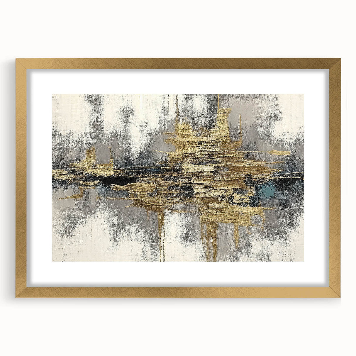 Abstract wall art design showcasing vibrant strokes and lines in gold and black, presented in a modern frame with a mat for elegant display.