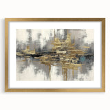 Abstract wall art design showcasing vibrant strokes and lines in gold and black, presented in a modern frame with a mat for elegant display.