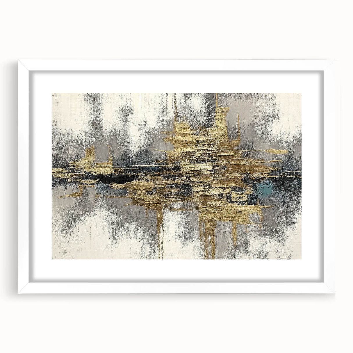 Framed wall art featuring an abstract design of colorful strokes and lines in a modern style, set in a sleek white frame, ideal for contemporary decor.
