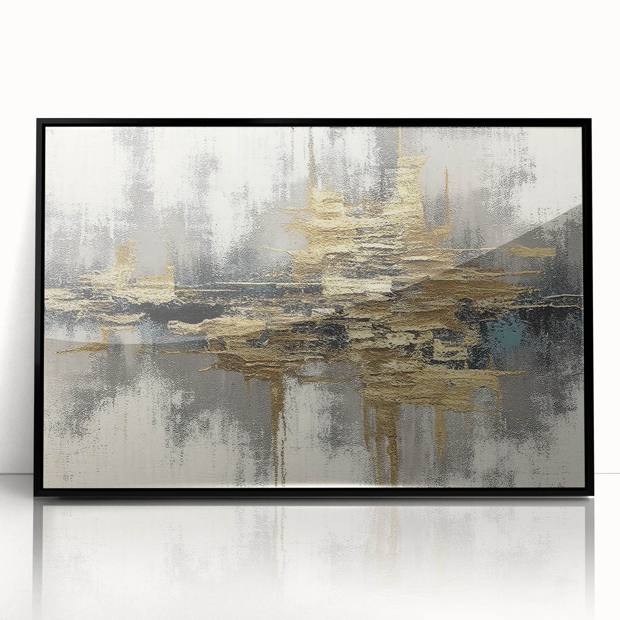 Framed abstract wall art featuring vibrant strokes and lines in black, white, and gold, perfect for modern home decor and artistic expression.