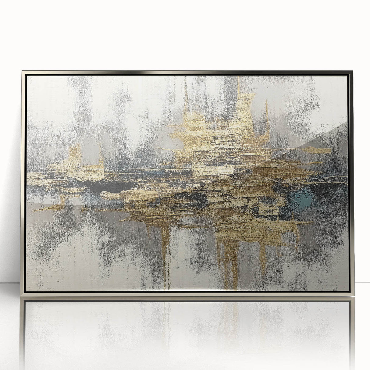 Framed abstract wall art featuring dynamic strokes and lines in silver and gray tones, perfect for modern interior decor.