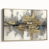 Framed wall art showcasing an abstract design with gold strokes and lines, set against a neutral background for a modern decor aesthetic.