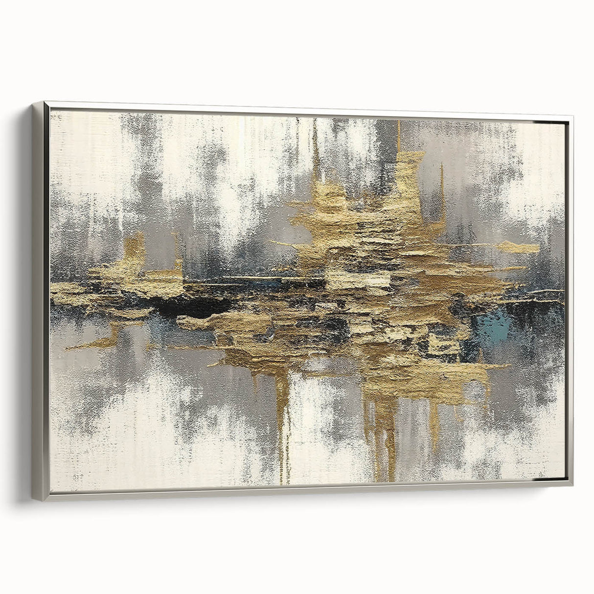 Framed canvas wall art showcasing an abstract design with silver strokes and lines, adding a modern touch to any interior decor.