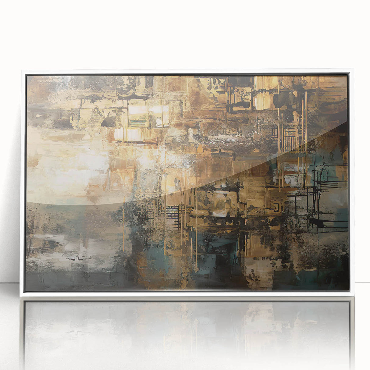 Framed wall art showcasing an abstract design of colorful strokes and lines in a white frame, perfect for modern decor accents.