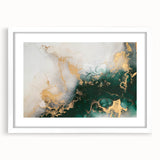 Abstract wall art featuring vibrant strokes and lines in shades of blue, green, and gold, elegantly framed with a white mat for a modern decor touch.