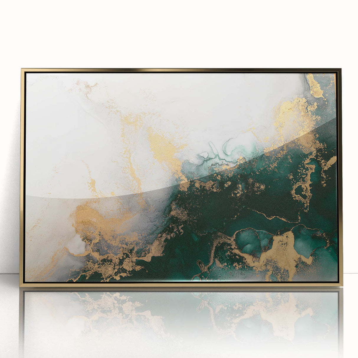 Framed acrylic wall art showcasing an abstract design with gold strokes and lines, perfect for modern decor in living spaces.