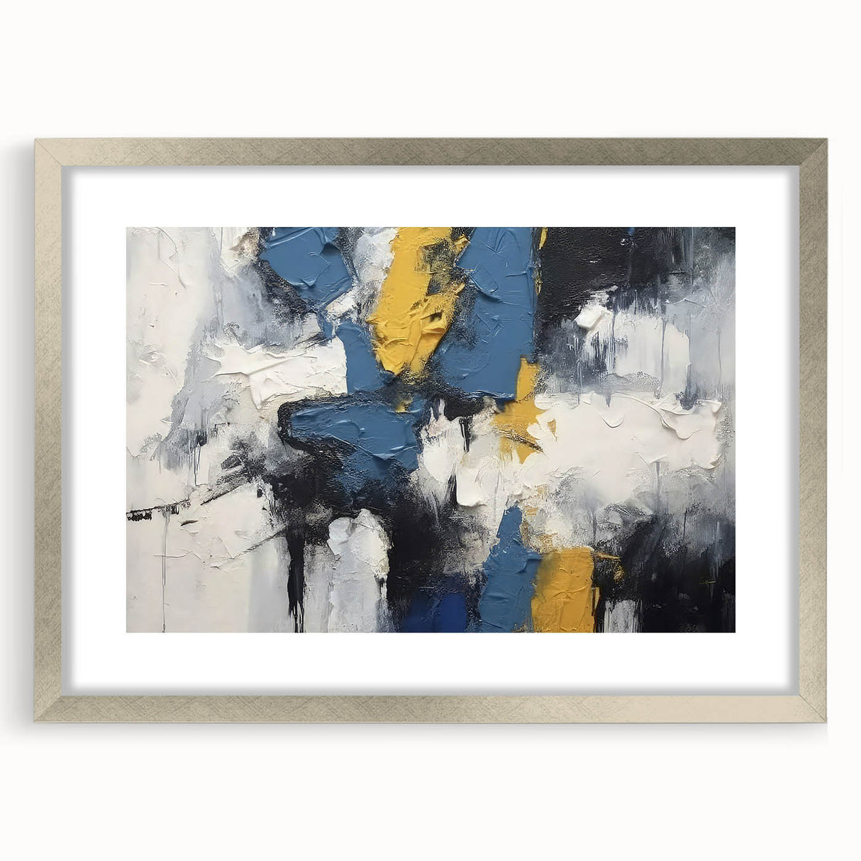 Abstract wall art featuring strokes and lines in soft pastel colors, elegantly framed with a silver mat, perfect for modern home decor.