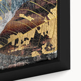 Abstract wall art showcasing a vibrant composition of strokes and lines in shades of blue, orange, and gold, presented in a framed canvas format, perfect for modern decor.