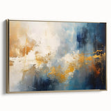 Framed canvas wall art showcasing an abstract design of gold strokes and lines, adding elegance to modern home decor with a sleek side view.