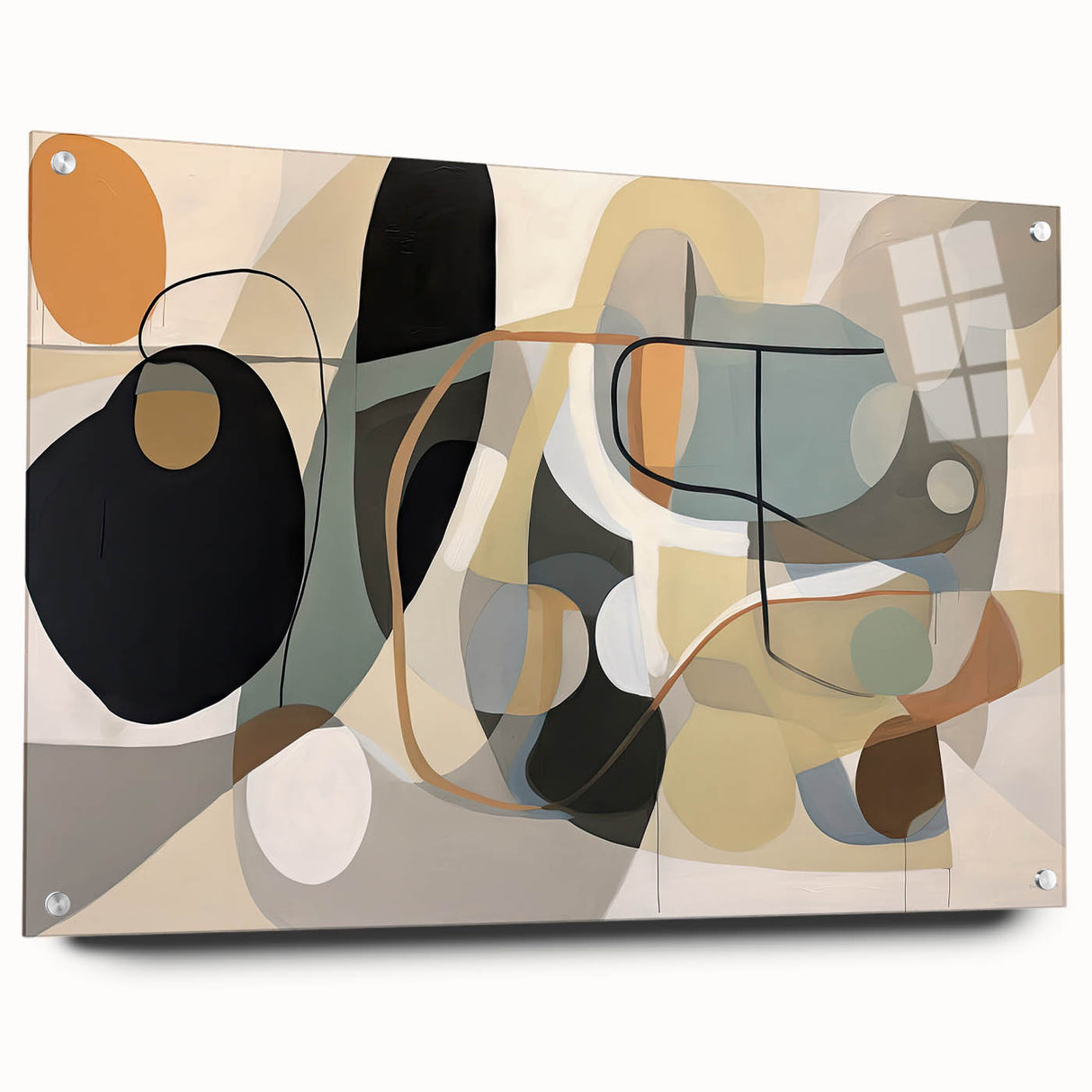 Abstract strokes and lines art print in a sleek acrylic frame, showcasing vibrant colors and dynamic patterns, ideal for modern decor.