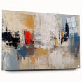 Abstract wall art featuring colorful strokes and lines in a modern design, displayed in a sleek acrylic glass frame with pins for hanging.