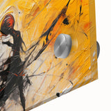 Close-up of an abstract wall art piece featuring vibrant strokes and lines in shades of blue, orange, and yellow, designed for modern decor.