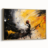 Framed abstract wall art with gold strokes and lines, showcasing a modern design on canvas, perfect for contemporary home decor.