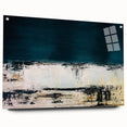 Abstract wall art featuring dynamic strokes and lines in vibrant colors, displayed in an acrylic glass frame with visible mounting pins for modern decor.