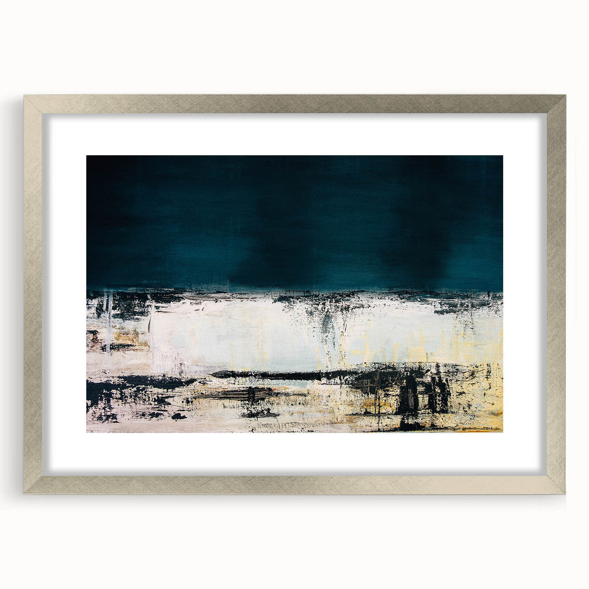 Framed abstract wall art featuring dynamic strokes and lines in silver and white, perfect for modern home decor, enhancing any space's aesthetic.