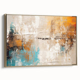 Framed abstract wall art featuring gold strokes and lines on a textured canvas, displayed in a chic setting, enhancing modern decor aesthetics.