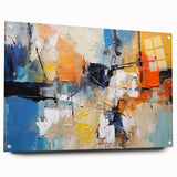 Abstract wall art featuring a dynamic design of colorful strokes and lines in acrylic and glass, set against a modern backdrop with pins for display.