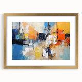 Abstract wall art print showcasing vibrant strokes and lines in gold and neutral tones, elegantly framed with a mat for enhanced display.