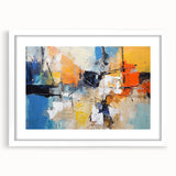 Abstract wall art featuring dynamic strokes and lines in a modern design, framed in white with a mat, perfect for contemporary decor.