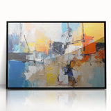 Framed wall art featuring an abstract design with colorful strokes and lines, set in a black frame, ideal for modern decor.