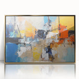 Framed abstract wall art showcasing a modern design of gold strokes and lines against a white background, perfect for contemporary decor.