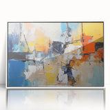 Framed abstract wall art showcasing colorful strokes and lines in a modern design, set against a white background, perfect for contemporary decor.