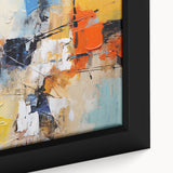Framed abstract wall art featuring colorful strokes and lines, showcasing a modern design with vibrant hues for contemporary decor.