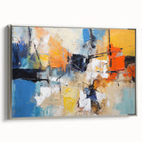Framed canvas wall art showcasing an abstract design of colorful strokes and lines in silver frame, perfect for modern home decor.