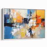 Framed canvas art showcasing an abstract design of colorful strokes and lines in vibrant hues, set against a white background for modern decor.