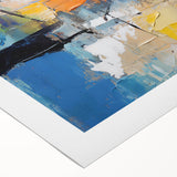 Abstract wall art featuring vibrant strokes and lines in shades of blue, orange, and yellow, perfect for modern home decor and interior design.