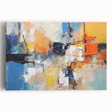 Colorful abstract strokes and lines design on stretched canvas wall art, showcasing vibrant hues and dynamic patterns for modern decor.
