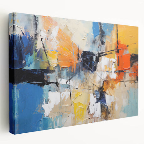 Abstract strokes and lines in vibrant colors create a modern wall art piece, showcasing a stretched canvas design with a side view.