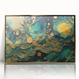 Framed abstract wall art featuring colorful strokes and lines in gold tones, perfect for modern home decor and stylish interiors.