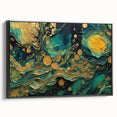 Framed abstract wall art featuring colorful strokes and lines in a modern design, showcased from a black side view, perfect for contemporary decor.