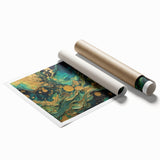 Abstract wall art print showcasing vibrant strokes and lines in bold colors, perfect for modern decor, rolled for easy framing and display.