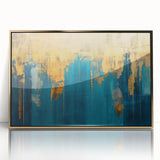 Framed abstract wall art featuring colorful strokes and lines in gold and black hues, perfect for modern home decor and artistic styling.