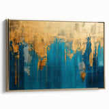 Framed wall art showcasing an abstract design with gold strokes and lines on a textured canvas, emphasizing modern elegance and luxury decor.