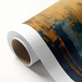 Abstract wall art featuring vibrant strokes and lines in a harmonious blend of blue, orange, and yellow colors, perfect for modern decor.