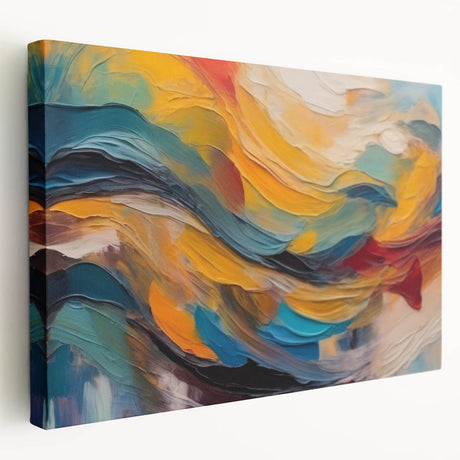 Abstract wall art design showcasing vibrant strokes and lines in a range of colors, presented as a stretched canvas with a side view, ideal for modern decor.