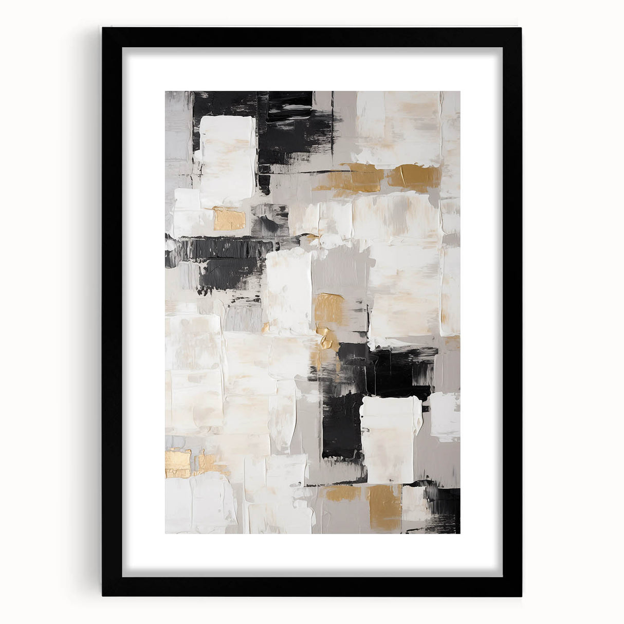 Abstract strokes and lines design wall art in a black frame with a white mat, showcasing modern artistic style and minimalist aesthetic.