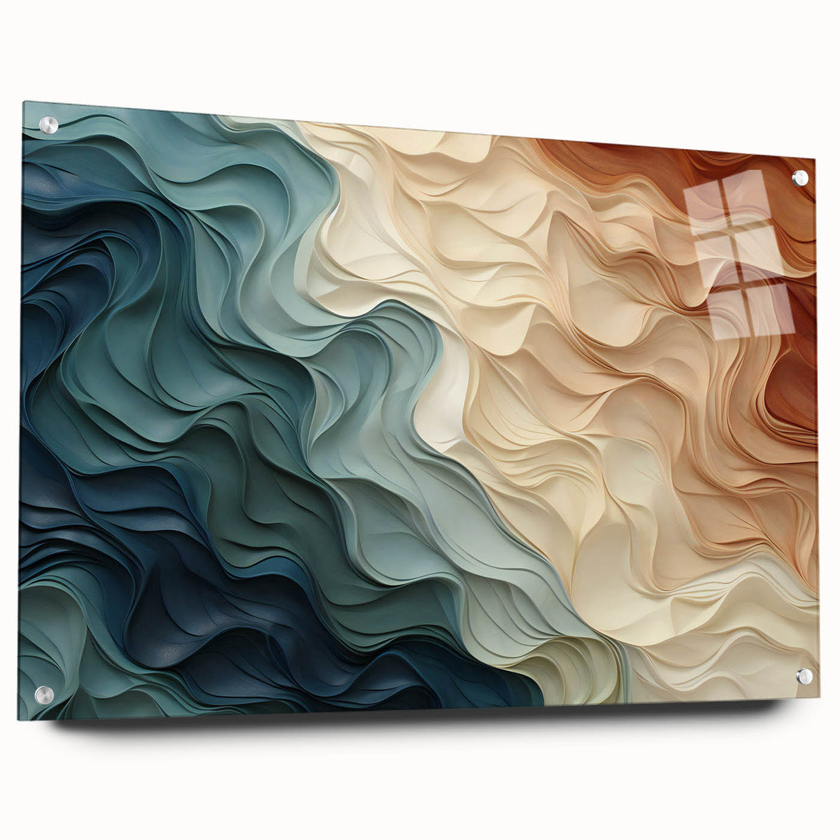 Abstract wall art design showcasing vibrant strokes and lines in an acrylic glass frame, elegantly displayed with stylish pins, perfect for modern decor.