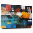 Abstract wall art design featuring vibrant strokes and lines in various colors, elegantly displayed in acrylic glass with decorative pins.
